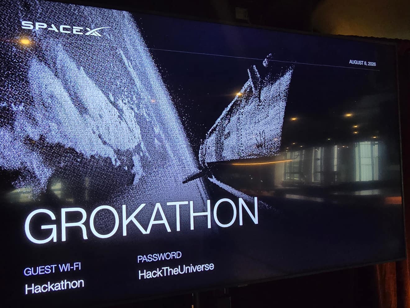 GROKATHON branded screen with Wi-Fi and hackathon details